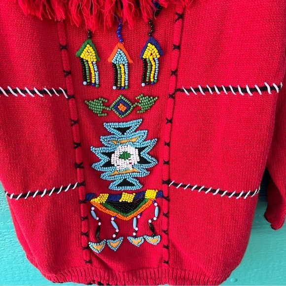 Vintage 80s Victoria Jones BEADED Aztec Fringe Cowlneck Sweater Red SIZE MEDIUM - Picture 6 of 8